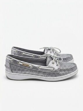 Coach Metallic Silver Glitter Boat Shoes with White Laces